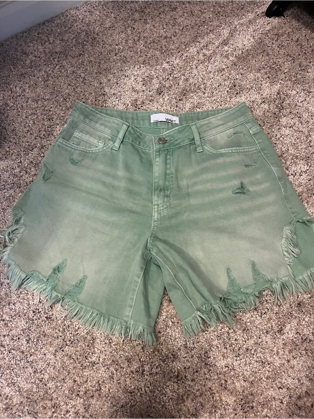 VERVET BY FLYING MONKEY Sage Green Distressed Frayed Hem Denim Shorts